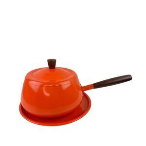 Vintage Bright Orange Fondue Pot Plate Combo Aluminum Wooden Handle with Lid